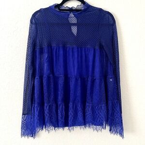 All Saints Cobalt Lace Tiered Long-Sleeve Blouse